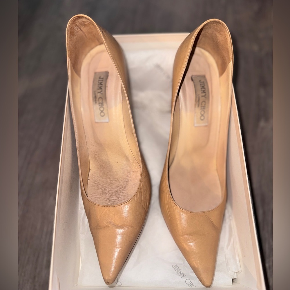 Jimmy Choo Agnes Nude Kid Leather Pointed Toe Heels Size 38.5 (US 8–8.5)